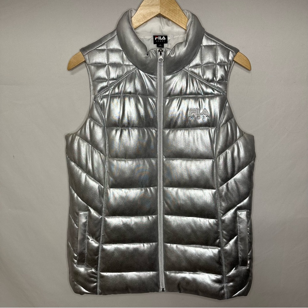 Fila Sport Quilted Puffer Vest Full Zip Metallic Silver Women's Size Medium